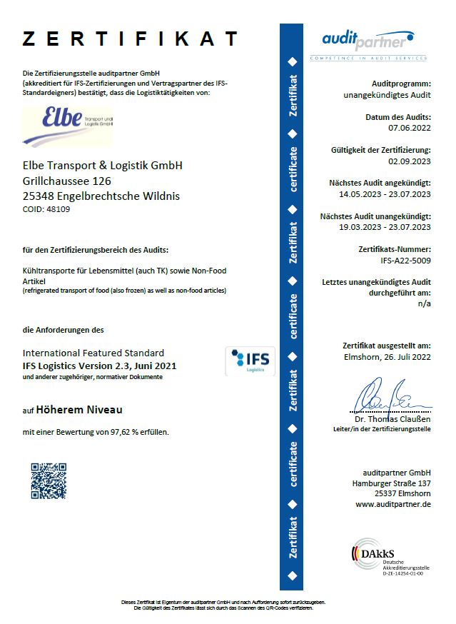 IFS Zertifikat Elbe Transport